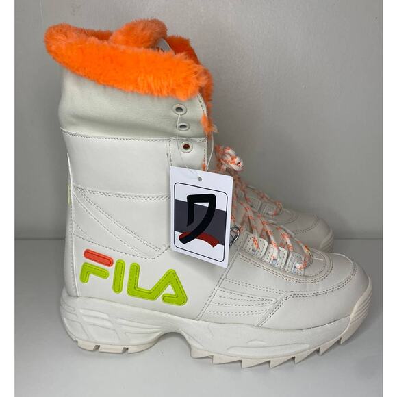 NWT FILA BOOTS 10 DISRUPTOR WHITE ORANGE SHEARLING TOP WINTER SNOWBOOTS LACE UP - Picture 1 of 12
